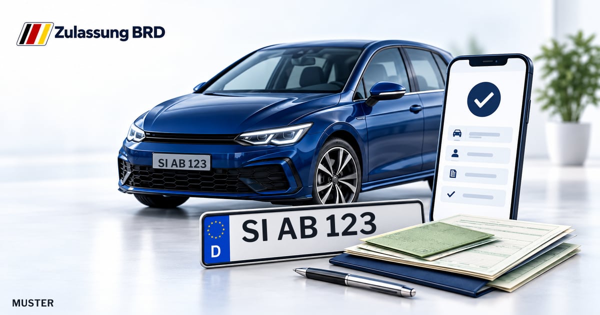 Online Fahrzeugzulassung in Landkreis Siegen-Wittgenstein: Musterkennzeichen SI AB 123, Auto und Fahrzeugpapiere und Smartphone. Illustration mit Logo von Zulassung BRD.